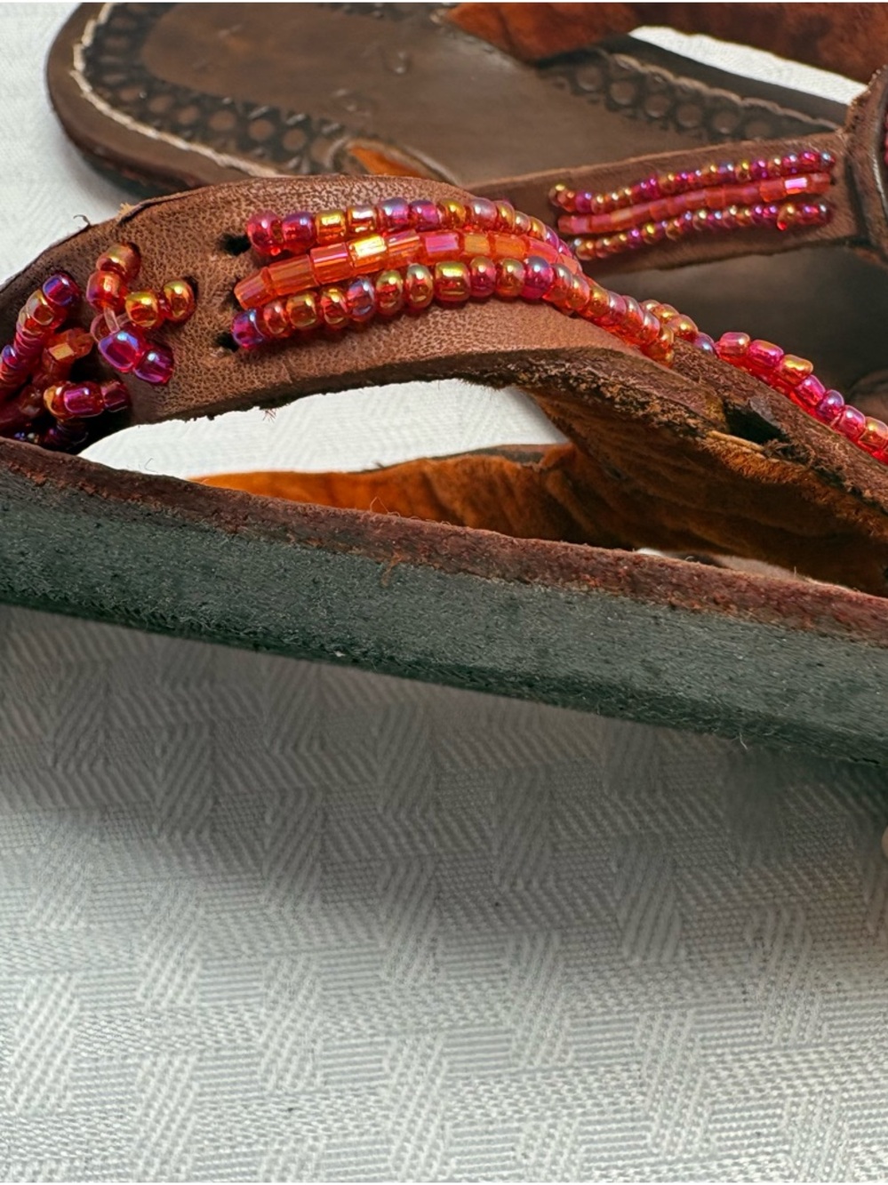 Adorable Bohemian Little Girls Brown Leather Beaded Toe-Post Sandals Boho Hippie - Picture 4 of 14